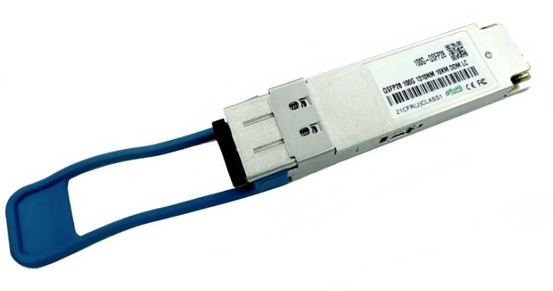 100G QSFP28 optical transceiver on a plain background