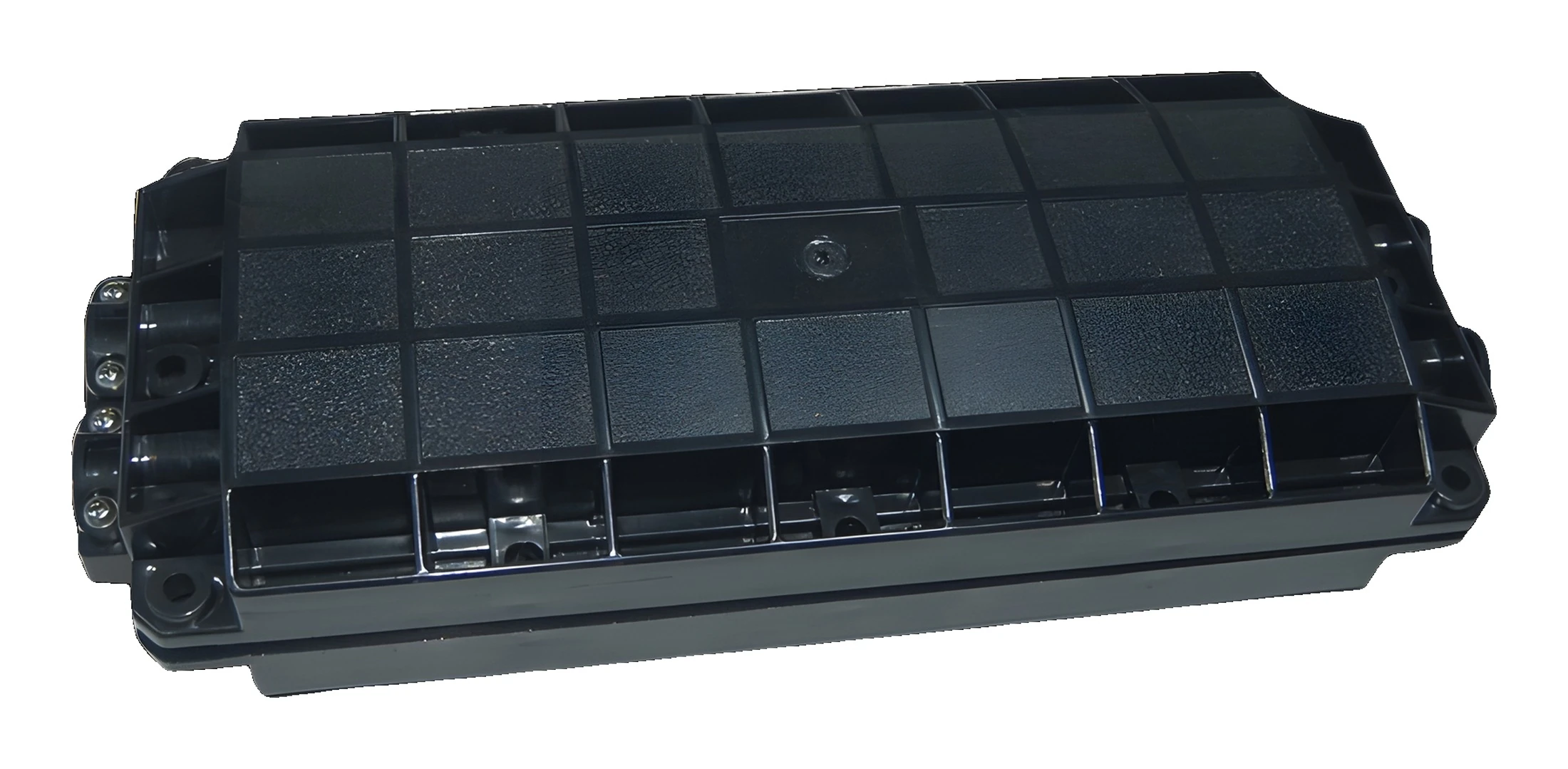 2 in 2 out horizontal fiber splice closure on a plain background