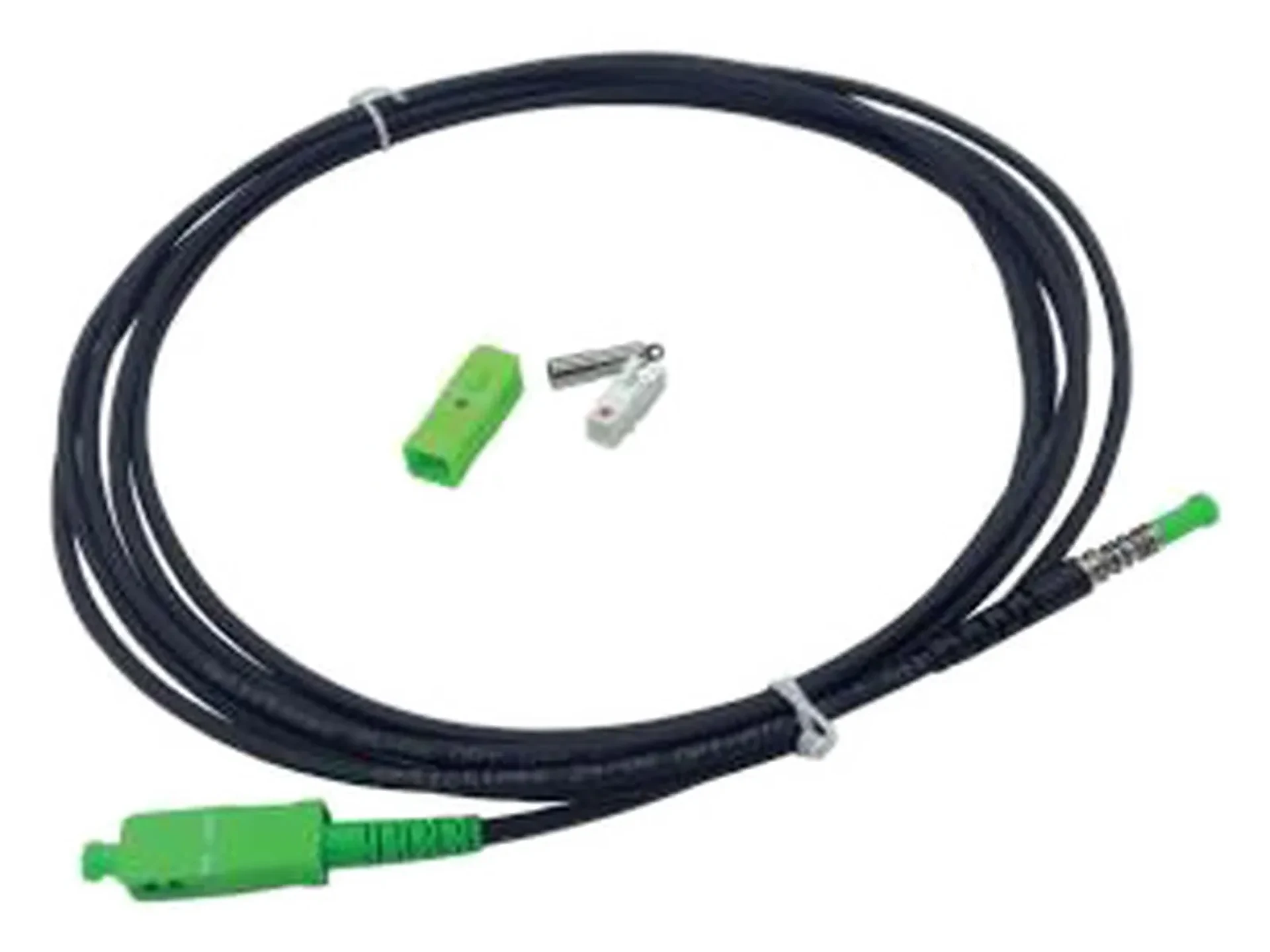 Armoured black SC/APC patch cord with spare boot on a plain background