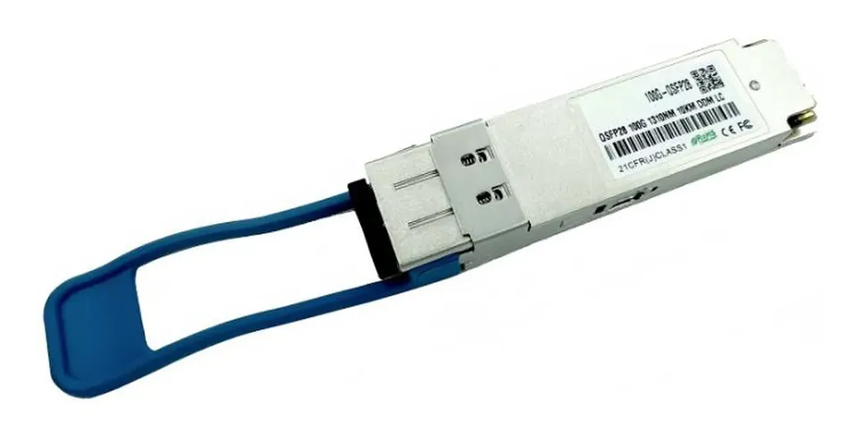 100G QSFP28 optical transceiver on a plain background