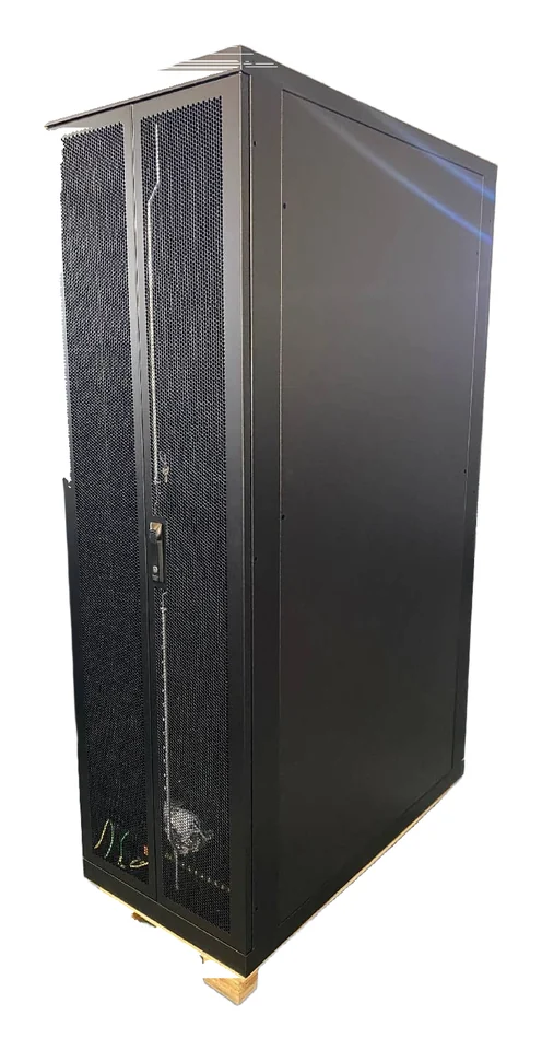 Black server cabinet with perforated split rear doors and a side panel