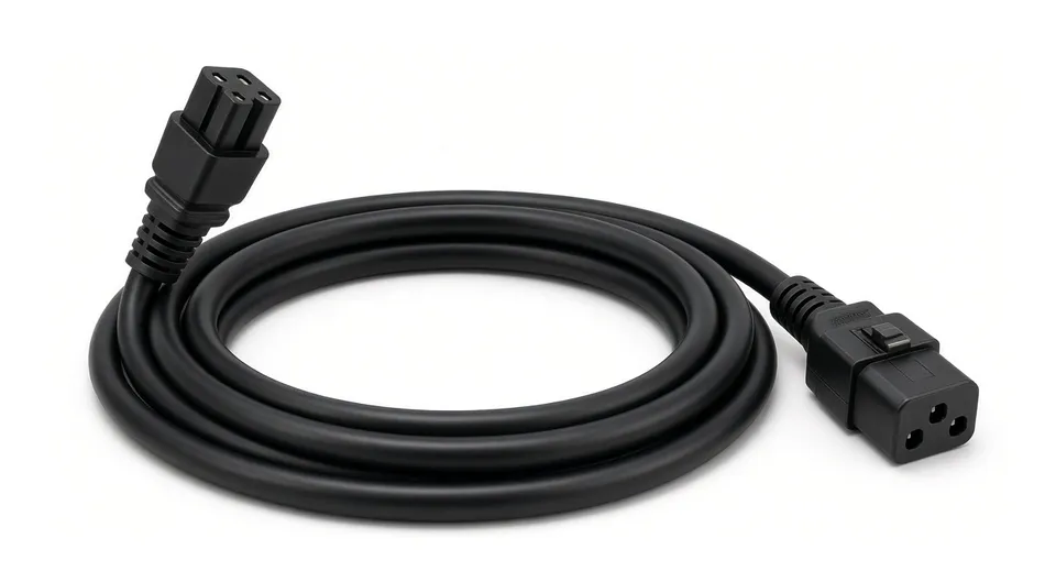 Illustrative rendering of a locking C13 to C14 power cord