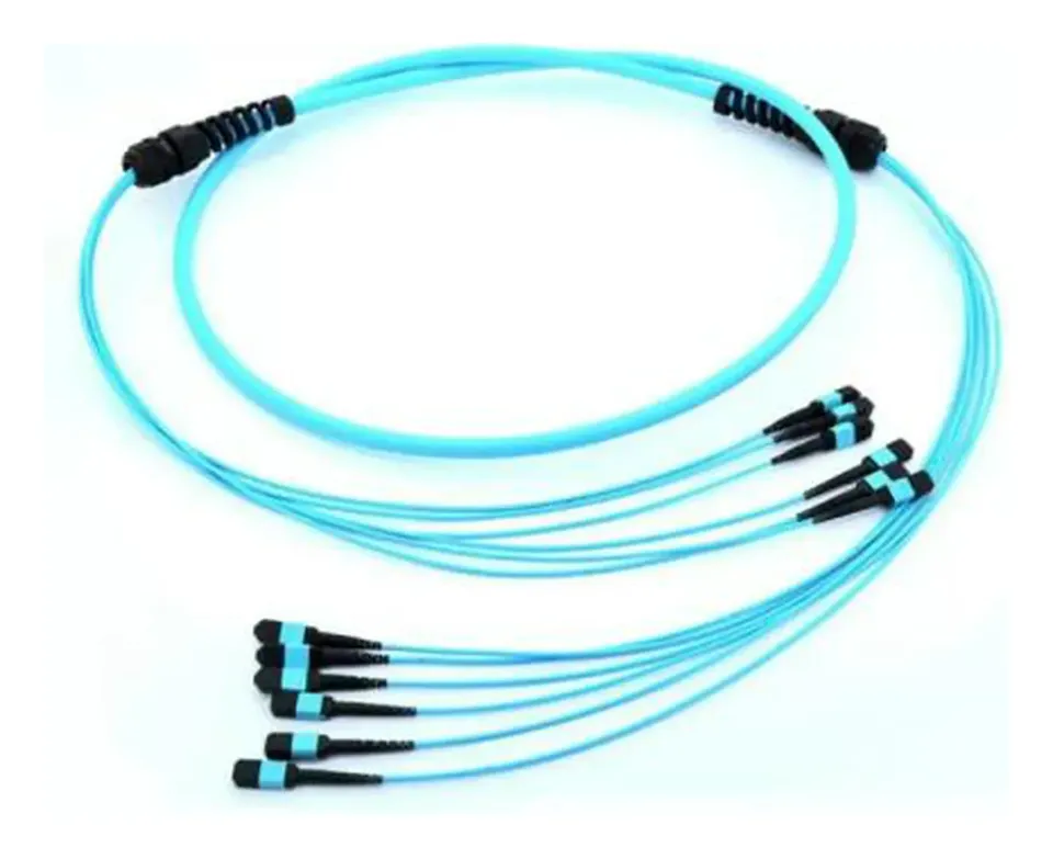 MPO/MTP breakout (fan-out) cable, OM3 aqua on a plain background