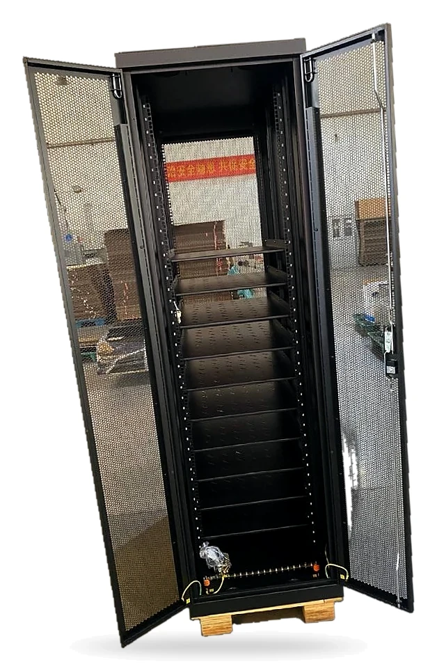 Black server cabinet with the doors open