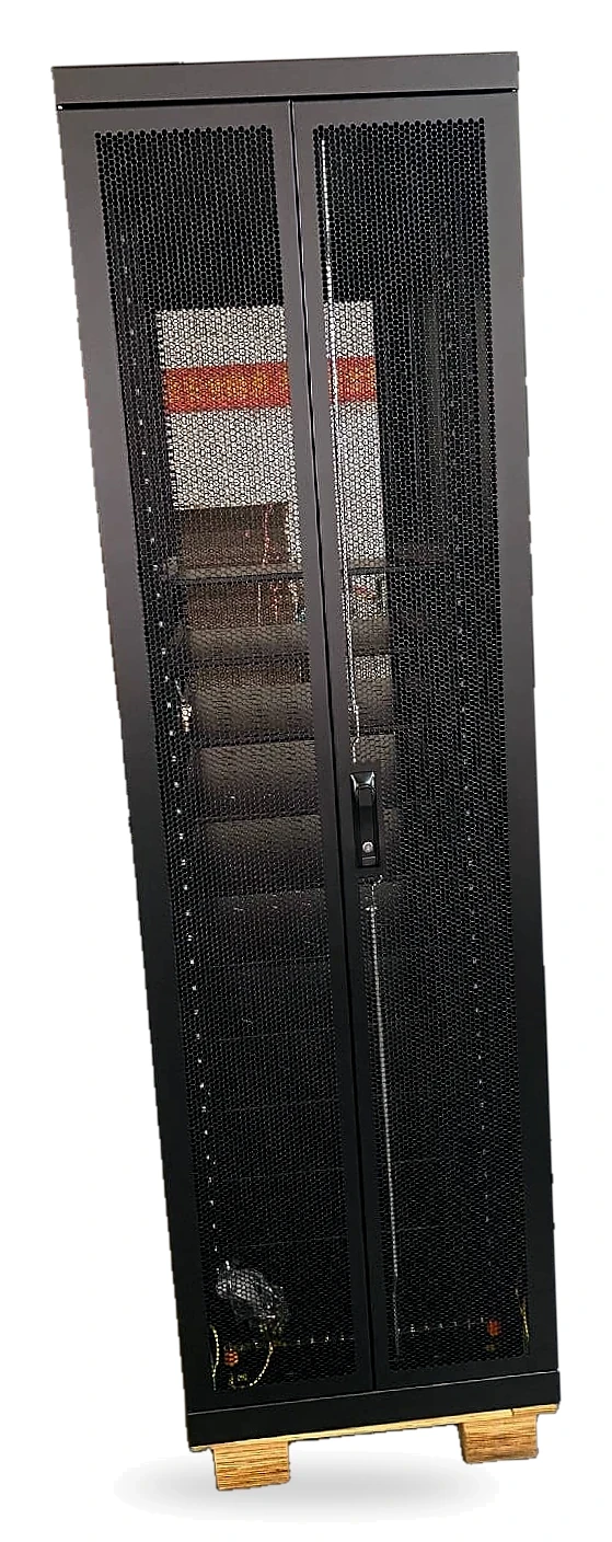 Black server cabinet with a perforated front door