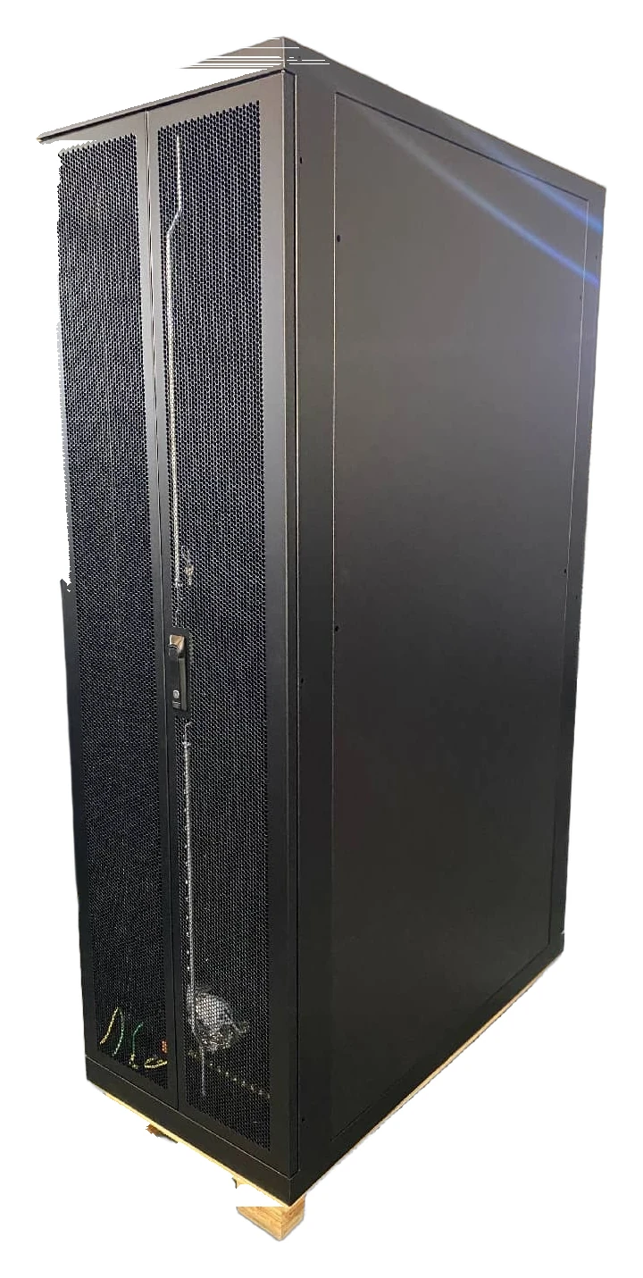 Black server cabinet with perforated split rear doors and a side panel