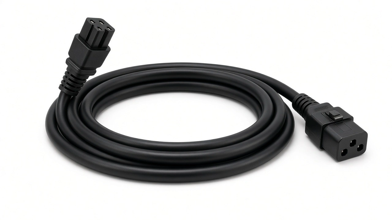 Illustrative rendering of a locking C13 to C14 power cord