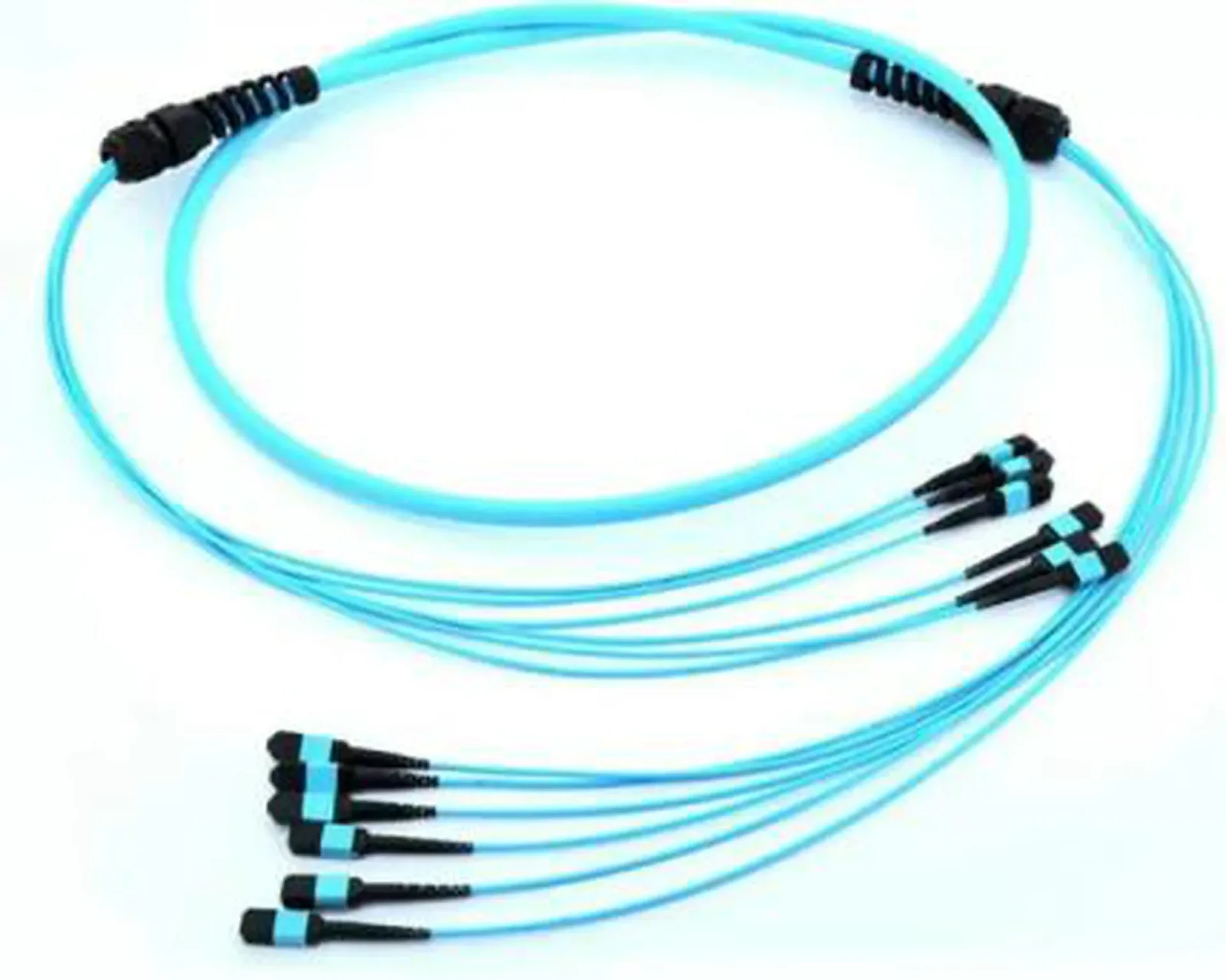 MPO/MTP breakout (fan-out) cable, OM3 aqua on a plain background