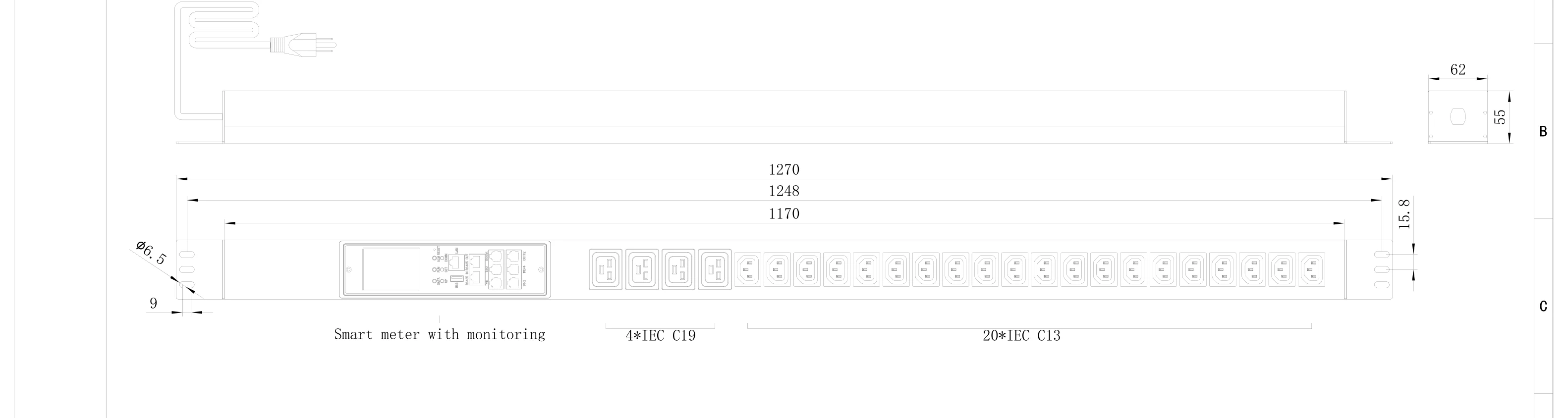 Drawing of PDU 15A · 20 C13 + 4 C19