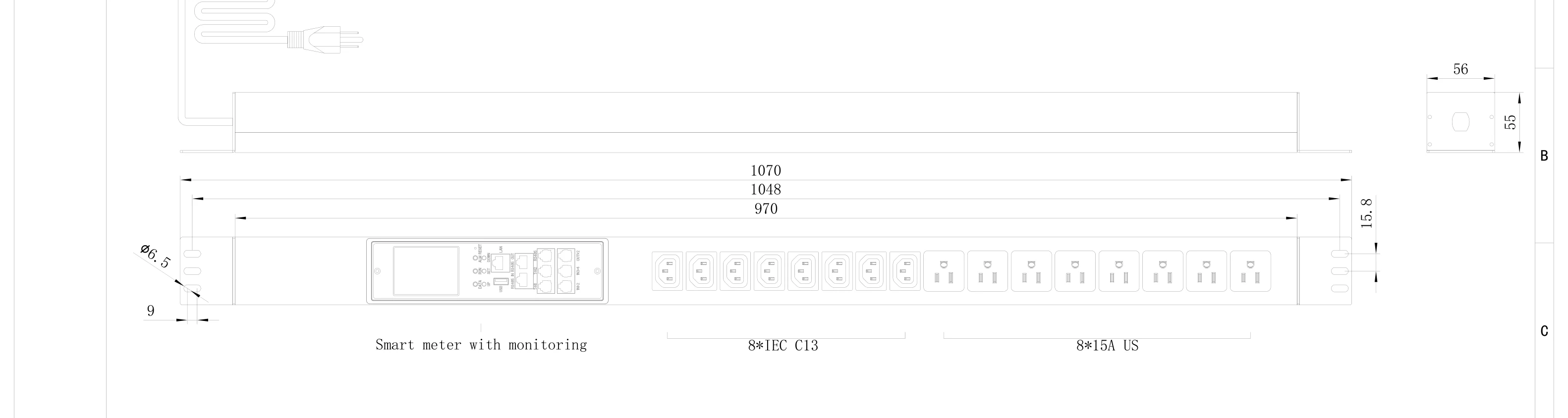 Drawing of PDU 15A · 8 C13 + 8 NEMA 5-15R