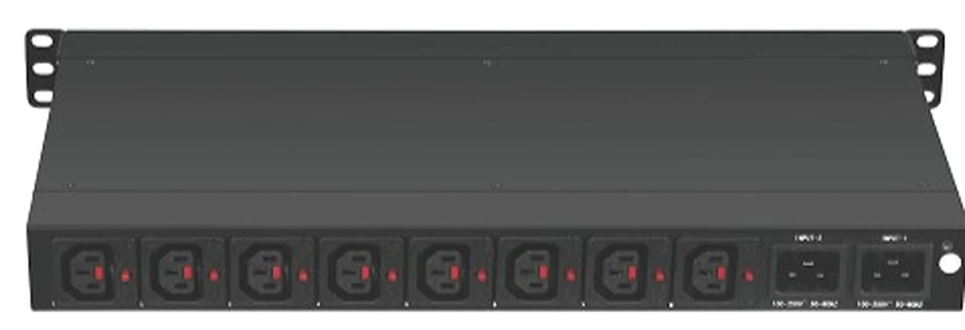 PDU 1U · 8 outlets · 10 A and 16 A · Layout 1 on a plain background