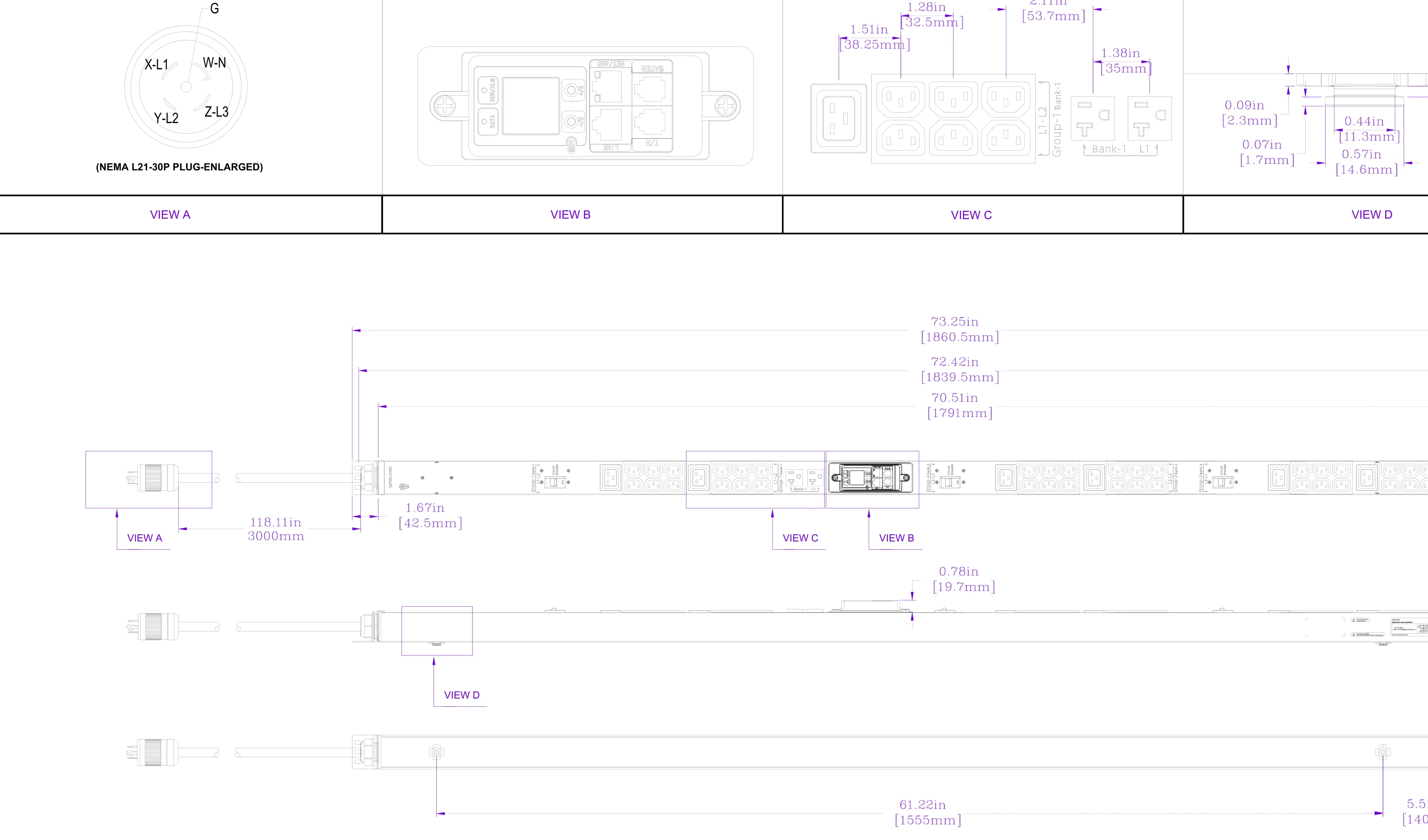 Drawing of PDU 30A · NEMA L21-30P
