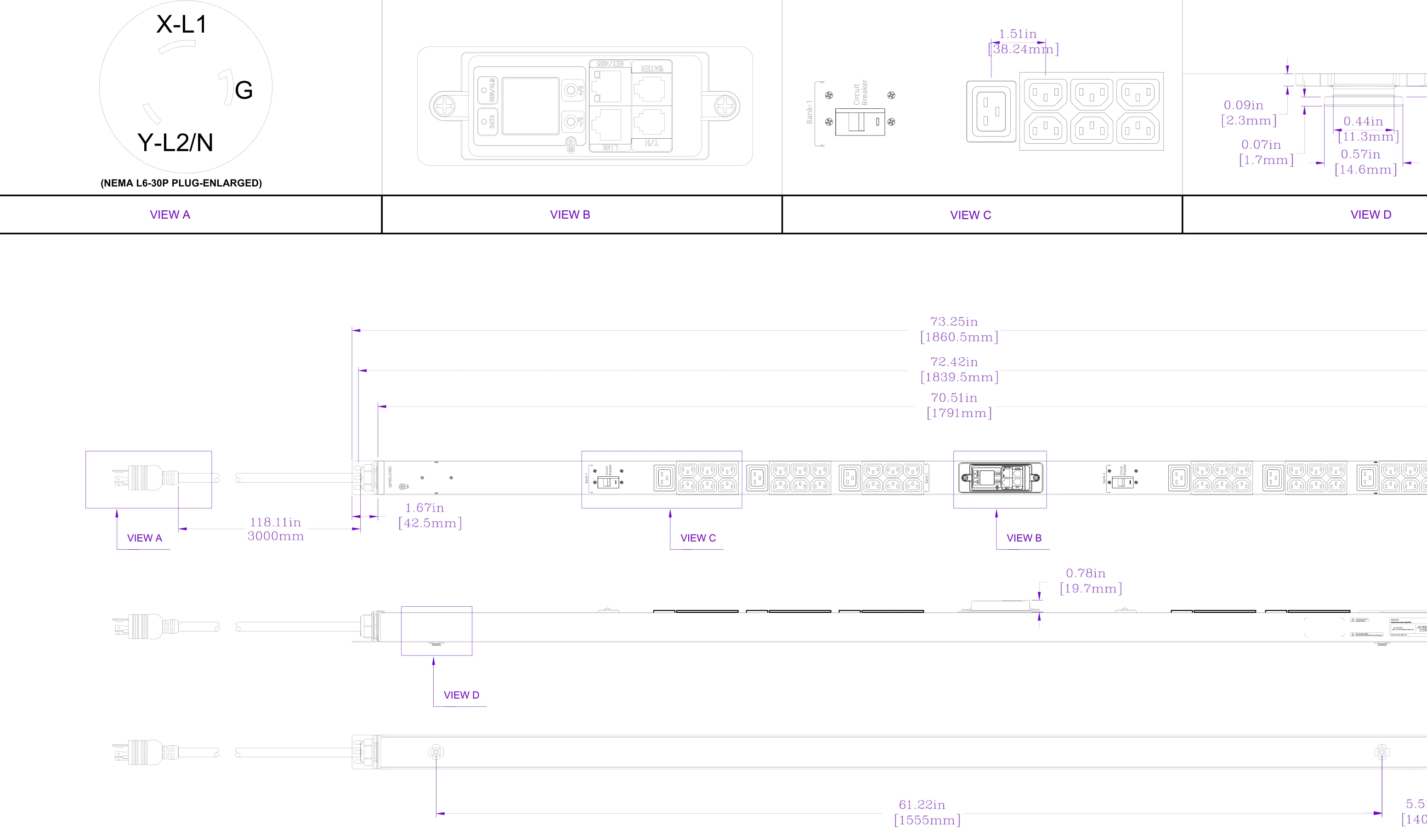Drawing of PDU 30A · NEMA L6-30P